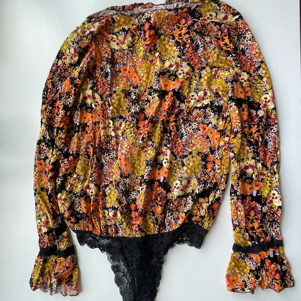 Intimately Free People orange & black long sleeve floral bodysuit w/ black lace - Picture 7 of 11